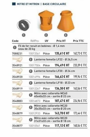 code  3548921  www  3548920  wan  3548919  has  mitre et mitron | base circulaire  réfpro uv prix ht  fil de fer recuit en bobines - 0 1,4 mm seau de 20 kg  7088231 10013561 pièce 135,61 € ht mains  3