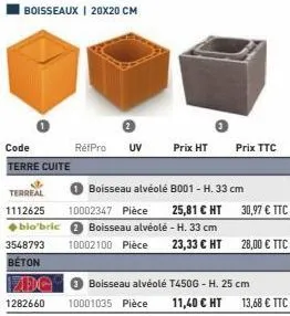 boisseaux | 20x20 cm  code terre cuite  1282660  terreal  1112625 10002347 pièce  ◆bio'bric  3548793  beton  réfpro uv  boisseau alvéolé  10002100 pièce  boisseau alvéolé 8001 - h. 33 cm  25,81 € ht  