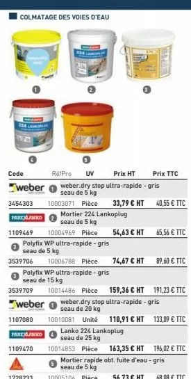 colmatage des voies d'eau  224 lamon  code  réfpro uv  prix ht  weber weber.dry stop ultra-rapide - gris  seau de 5 kg  3454303 10003071 pièce  mortier 224 lankoplug  seau de 5 kg  parexlanko 1109469 