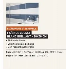 économique et tendance faïence glossy  blanc brillant - 20x50 cm  finition brillante  • cuisine ou salle de bains  • bon rapport qualité/prix  code: 3513911 réfpro: 10001764 uv: mètre carré page : 474