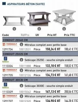 aspirateurs béton (suite)  code  conduit 20x40 cm  thebault  sebico  1113324 thebauly  réfpro uv  mitralux complet avec petite base  1291734 10013531 pièce 150,34 € ht 180,41 € ttc  conduit 25x25 cm  