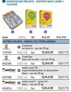 3022305  weber  RéfPro UV  Code Prix HT AUTRES COLORIS : CONSULTEZ VOTRE AGENCE  10001185 Sac  Tradiclair  ton pierre - sac de 25 kg  1199707 10001185 Sac 13,18 € HT 15,82 € TTC  Tradiclair  blanc de 