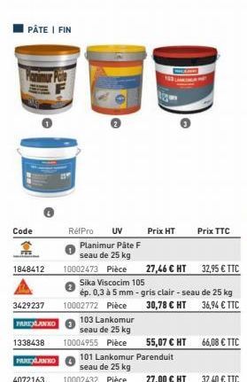 PÂTE | FIN  Code  -  1848412  TA  RefPro UV Planimur Pâte F seau de 25 kg  10002473 Pièce  3429237  PAREXLANNO  103 Lankomur  seau de 25 kg 1338438 10004955 Pièce 101 Lankomur Parenduit PARTXANNO seau