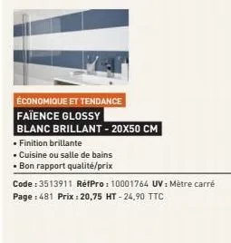 économique et tendance  faïence glossy  blanc brillant - 20x50 cm  . finition brillante  • cuisine ou salle de bains  • bon rapport qualité/prix  code: 3513911 refpro: 10001764 uv: mètre carré page: 4