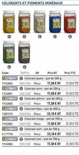 2  colorants et pigments minéraux  ===  an  code  réfpro uv  prix ht  colorant jaune - pot de 300 g  ultibat 1932883 10001582 pièce 17,58 € ht 21,10 € ttc ultibat colorant ocre - pot de 350 g 1932881 