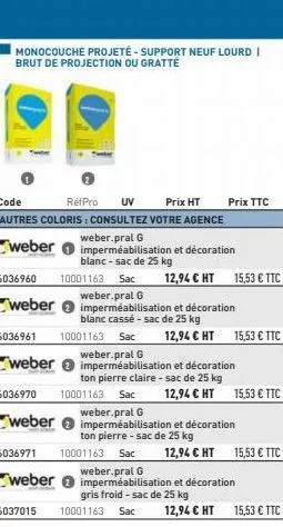 monocouche projeté-support neuf lourd i brut de projection ou gratté  code  refpro uv prix ht autres coloris : consultez votre agence weber.pral g  weber imperméabilisation et décoration  blanc-sac de