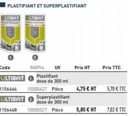 code  plastifiant dose de 300 ml  ultibat 1156466 10000427 pièce  ultibat superplastifiant  dose de 300 ml  1156468 10000527 pièce  plastifiant et superplastifiant  ultibat ultibat astifiant  réfpro u