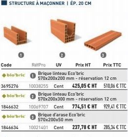 Code  bio'bric  STRUCTURE À MAÇONNER | ÉP. 20 CM  RéfPro UV  Prix HT  Brique linteau Eco'bric  570x200x200 mm - réservation 12 cm  10038255 Cent 425,05 € HT 510,06 € TTC Brique linteau Eco'bric  570x2