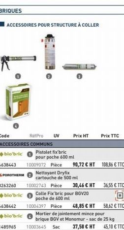 BRIQUES  ACCESSOIRES POUR STRUCTURE À COLLER  RéfPro UV  ACCESSOIRES COMMUNS  blo'bric 6638443 10009072 Pièce  Nettoyant Dryfix  cartouche de 500 ml  POROTHERM 3263260 10002743 Pièce 30,46 € HT 36,55 