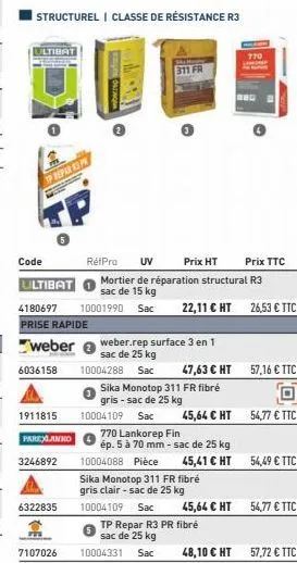 ultibat  6036158  tp repar r3 pr  1911815 parexlanko  3246892  code  ultibat 4180697 prise rapide  weber  6322835  7107026  311 fr  weber.rep surface 3 en 1  sac de 25 kg  10004288 sac  10004109 sac  