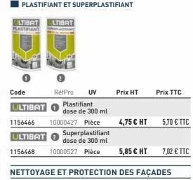 code  ultibat  1156466  ultibat 1156468  réfpro uv  plastifiant dose de 300 ml  10000427 pièce  superplastifiant dose de 300 ml  10000527 pièce  prix ht  prix ttc  4,75 € ht 5,70 € ttc  7,02 € ttc 