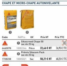 Chape 50  Code  6460078  1728238  RéfPro UV  Sikascreed Chape 50 sac de 25 kg  Prix HT  10005021  Prémix Sikacem Pack  sac de 25 kg  Sac  10002246 Pièce 22,46 € HT 26,95€ TTC  Prix TTC  O  50,21 € HT 