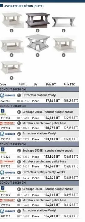 aspirateurs béton (suite)  code  rétpro  conduit 20x20 cm  legouez  sebica  1113334  extracteur statique ventyl  1640266 10008786 pièce 87,86 € ht 105,43 € ttc  thebault  uv  prix ht  prix ttc  thebau