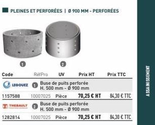 PLEINES ET PERFORÉES | Ø 900 MM- PERFORÉES  Code  LEGOUEZ  1157588  THERAULT  1282814  RéfPro UV  Prix HT  Buse de puits perforée H. 500 mm - Ø 900 mm 10007025 Pièce  Buse de puits perforée H. 500 mm 