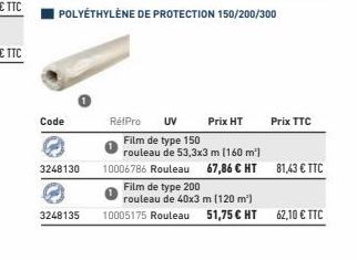 Code  3248130  3248135  Prix HT  RétPro UV Film de type 150  rouleau de 53,3x3 m (160 m²)  10006786 Rouleau 67,86 € HT 81,43 € TTC  Prix TTC  Film de type 200  rouleau de 40x3 m (120 m²)  10005175 Rou