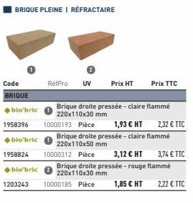 Code  BRIQUE  BRIQUE PLEINE | RÉFRACTAIRE  RétPro UV Prix HT  ◆blo'bric 1958396 10000193 Pièce  Prix TTC  Brique droite pressée - claire flammé 220x110x30 mm  1,93 € HT Brique droite pressée - claire 