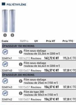 Code  RétPro UV  ÉPAISSEUR 150 MICRONS  3248141  Prix HT  Film sous-dallage  rouleau de 66,6x3 m (200 m)  3248140 10015657 Rouleau 156,57 € HT 187,88 € TTC ÉPAISSEUR 200 MICRONS  Film sous-dallage  ro