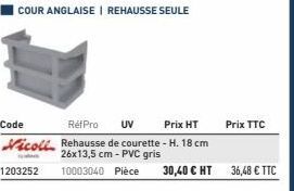 COUR ANGLAISE | REHAUSSE SEULE  1203252  Prix HT  Code RefPro UV Nicoll Rehausse de courette - H. 18 cm  26x13,5 cm - PVC gris  10003040 Pièce 30,40 € HT 36,48 € TTC  Prix TTC 