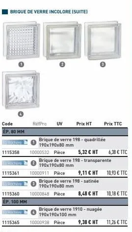 brique de verre incolore (suite)  code ép. 80 mm  hochere  1115358  rochere  1115361  1115360  ép. 100 mm  ruchere  1115365  réfpro  uv  brique de verre 198 - quadrillée 190x190x80 mm  10000532 pièce 