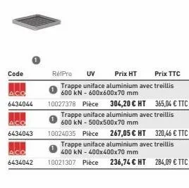 6434043  acc  6434042  rétpro uv  prix ht  prix ttc  trappe uniface aluminium avec treillis 600 kn-600x600x70 mm  10027378 pièce 304,20 € ht 365,04 € ttc  trappe uniface aluminium avec treillis 600 kn