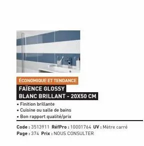 économique et tendance  faïence glossy  blanc brillant - 20x50 cm  • finition brillante  • cuisine ou salle de bains  • bon rapport qualité/prix  code: 3513911 réfpro: 10001764 uv: mètre carré page: 3