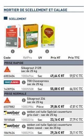 MORTIER DE SCELLEMENT ET CALAGE  SCELLEMENT  700  Code  PRISE RAPIDE  RétPro UV  234  Sikagrout 212R sac de 25 kg  6003404 10004964 Sac  700 Clavexpress sac de 25 kg  FAREXLANKO 1430924 10005508 Sac P