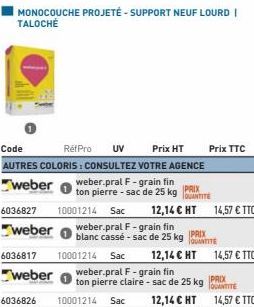 MONOCOUCHE PROJETÉ-SUPPORT NEUF LOURD I TALOCHÉ  Code  RéfPro UV  Prix HT AUTRES COLORIS : CONSULTEZ VOTRE AGENCE weber.pral F-grain fin ton pierre-sac de 25 kg  weber  PRIX  10001214 Sac 12,14 € HT w