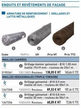 ENDUITS ET REVÊTEMENTS DE FAÇADE  ARMATURE DE RENFORCEMENT | GRILLAGES ET LATTIS MÉTALLIQUES  Code RétPro UV Prix HT Prix TTC MAILLES CARRÉES  1347358  15 1347356  Grillage damier galvanisé - 0 fil 1,