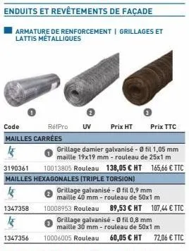 enduits et revêtements de façade  armature de renforcement | grillages et lattis métalliques  code rétpro uv prix ht prix ttc mailles carrées  1347358  15 1347356  grillage damier galvanisé - 0 fil 1,