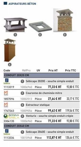 ASPIRATEURS BÉTON  Code CONDUIT 20X20 CM  2  Sebicu  1113319  1857096  1747263  BONNA  RéfPro UV  10006960 Pièce  10002513 Pièce  Sébicape 2020E - souche simple enduit  Couronne de cheminée mitre  100