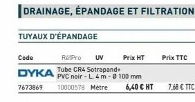 TUYAUX D'ÉPANDAGE  Code  RétPro UV Tube CR4 Sotrapand+  PVC noir - L. 4 m-0 100 mm  DYKA 7673869 10000578 Mètre 6,40 € HT 7,68 € TTC  Prix HT  Prix TTC 