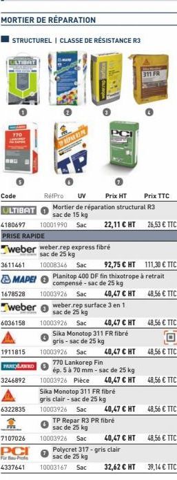 ULTIBAT  770  BOG  AV  Code  Prix TTC  RéfPro UV Prix HT ULTIBAT Mortier de réparation structural R3 sac de 15 kg 4180697 10001990 Sac PRISE RAPIDE  1911815 PAREXLANKO  3246892  TP REPAR R3 PR  weber 