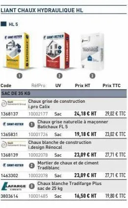 hl 5  stier  code  sac de 35 kg  men  1368137  sintastier  1365831  1368139  santastier  satichaux- santastier  réfpro uv  tradeblanc  10001726 sac  prix ht  chaux grise de construction i.pro calix  1