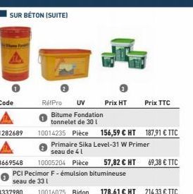 SUR BÉTON (SUITE)  1282689  PCI Pecimor F - émulsion bitumineuse seau de 33 L  10016075 Bidon  RétPro UV  Bitume Fondation  tonnelet de 30 l  10014235 Pièce 156,59 € HT 187,91 € TTC  Prix HT  Primaire