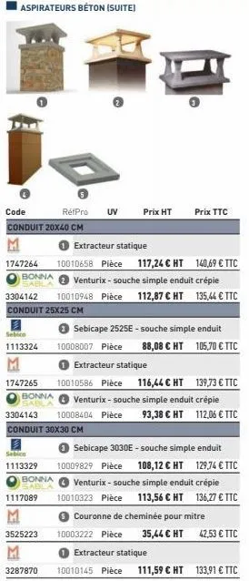 aspirateurs béton (suite)  code  conduit 20x40 cm  m  extracteur statique  1747264 10010658 pièce 117,24 € ht 140,69 € ttc bonna + venturix - souche simple enduit crépie  sabla  3304142 10010948 pièce