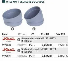 code nicoll  100 mm | secteurs de coudes  1727889 10000671 pièce nicoll  1727890  réfpro uv prix ht secteur de coude mf 15⁰ - ust1 ø 100 mm  7,45 € ht secteur de coude mf 30° - ust3 @ 100 mm  7,82 € h