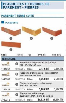 PAREMENT TERRE CUITE  PLAQUETTE  Code  TERRE CUITE  TERREAL  1690380  TERREAL  1111357 10000286 Pièce  TERREAL  1111423  RéfPro UV Prix HT  a TERREAL  Plaquette d'angle lisse - biscuit mat  220x15x50x