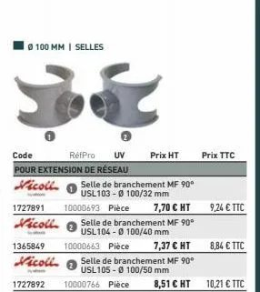 @ 100 mm | selles  code refpro uv pour extension de réseau  1727891 nicoll  1365849  vicoll  selle de branchement mf 90° usl103-ø 100/32 mm  7,70 € ht  selle de branchement mf 90° usl104-0100/40 mm  7