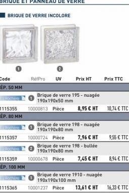 Code  ÉP. 50 MM  BRIQUE DE VERRE INCOLORE  1115355 ÉP. 80 MM  1115357  Rochem  1115359  ÉP. 100 MM  RéfPro UV  10000724 Pièce  Prix HT  Brique de verre 198 - nuagée  190x190x80 mm  7,96 € HT  Brique d