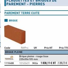 BRIQUE  TERREAL  1110488  Code BRIQUE PLEINE  RéfPro UV  Prix HT  Prix TTC  Brique pleine - rouge lisse 220x50x105 mm  10165431 Mille 1838,11 C HT 2205,73 € TTC 