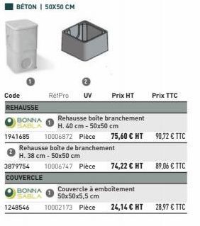 Code REHAUSSE  BONNA SABLA  1248546  1941685 10006872 Pièce  3879754 10006747 Pièce  COUVERCLE  BONNA SABLA  RefPro UV Prix HT  Rehausse boite branchement H. 40 cm - 50x50 cm  10002173 Pièce  Rehausse