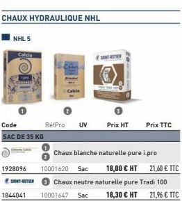 CHAUX HYDRAULIQUE NHL  NHL 5  Calcia  Code SAC DE 35 KG  1928096  SANTASTIER  RéfPro  Cali  UV Prix HT  Chaux blanche naturelle pure i.pro  SANTASTIER  Prix TTC 