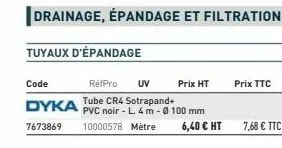 tuyaux d'épandage  code  rétpro uv tube cr4 sotrapand+  pvc noir - l. 4 m-0 100 mm  dyka 7673869 10000578 mètre 6,40 € ht 7,68 € ttc  prix ht  prix ttc 