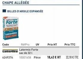 lotermis  forte  latertite  code  réfpro  uv  latermix forte sac de 32 l  6249376 10001658 pièce  laterlite  prix ht  18,42 € ht 22,10 € ttc  prix ttc 