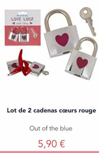 LOVE LOCK with 1 Key  Lot de 2 cadenas cœurs rouge  Out of the blue  5,90 € 