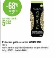 -68%  sur le  soit par 2 lunite:  5€32  wonderful  pistachios  pistaches grillées salées wonderful 450 g  autres variétés ou poids disponibles à des prix différents le kg: 17691-l'unité: beog 