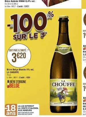 bière ambrée kwak 8,4% vol.  6 x 33 cl (1981) le litre:6€17-l'unité: 12€21  soit par 3 l'unité  3€20  bière belge blonde 8% vol. la chouffe  75 cl  le litre: 6640-l'unité: 4€80  abière d'origine belge
