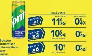 prit  Boisson aromatisée citron/citron  S  à partir de x1  partir de  x3  à partir de  x6  PRIX À L'UNITÉ le pack de 34  11%  1094  10€  1,76  soit la bote 33  049  046  0425 