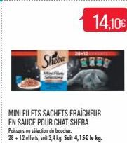 Shoba  MINI FILETS SACHETS FRAÎCHEUR EN SAUCE POUR CHAT SHEBA Poissons ou sélection du boucher. 28+12 offerts, soit 3,4 kg. Seit 4,15€ le kg. 