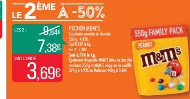 SOIT L'UNITÉ:  3,69€  2ÈME À -50%  9,84€ POCHON MGM'S 7,38€  Cacahuete enrobée de chocolat 550g: 4,92€ Soit 8,95€ le kg. Les 2.7.38€  Sait 6,71€ le kg.  Egalement disponible M&M'S billes de chocolat e